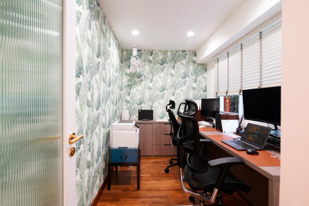 Scandinavian Home Office with Bookshelf and Wallpaper