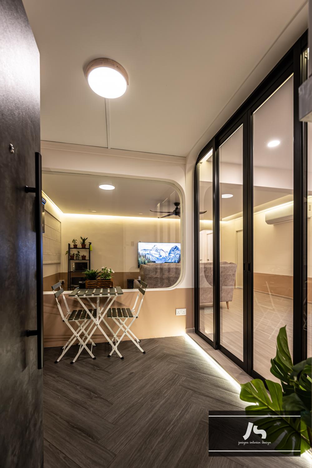 Modern Entryway with Seating Bench and Display Cabinets