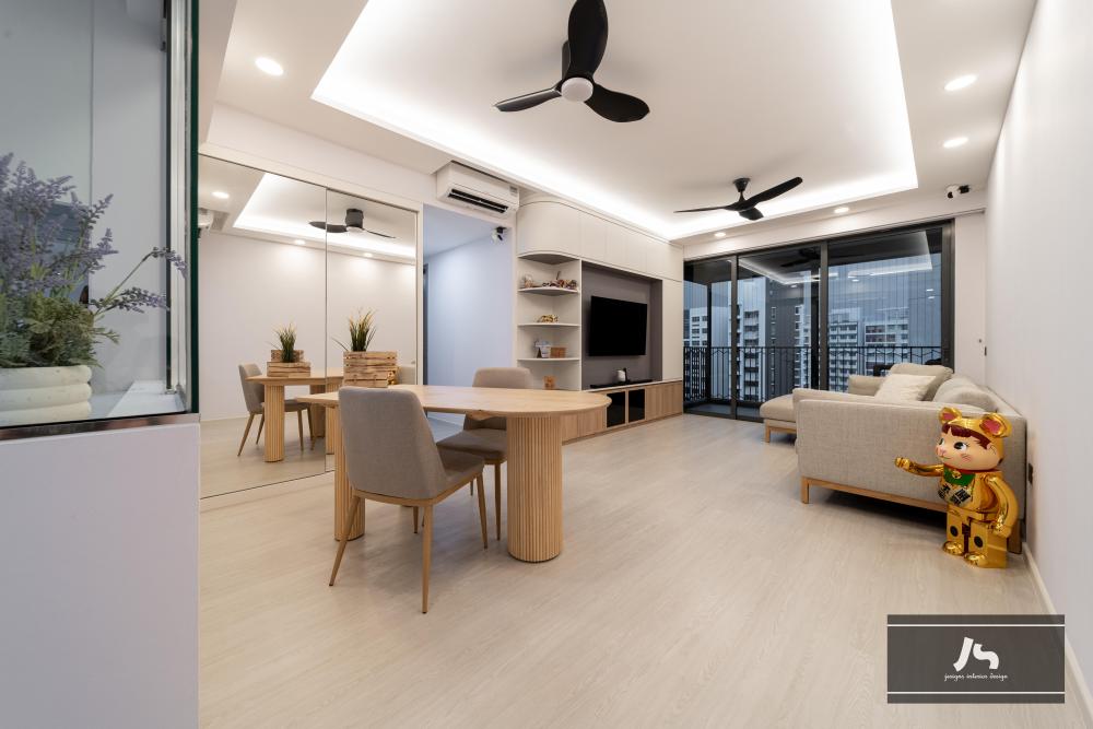 Minimalist Dining Room with Cove Lighting and Downlights