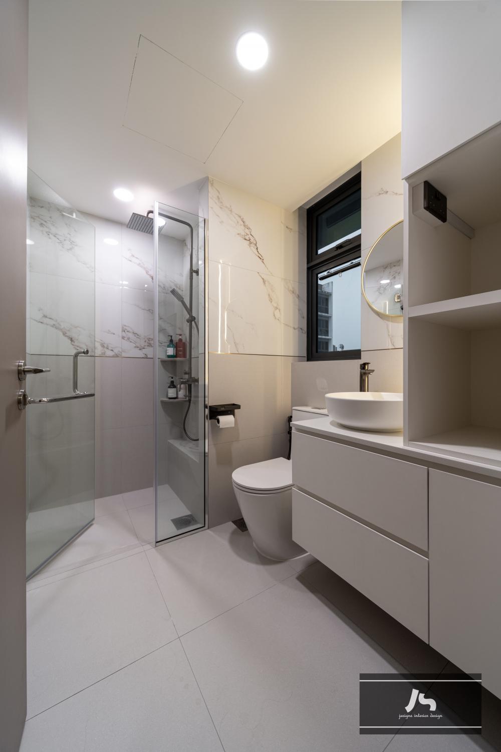 Minimalist Bathroom with Homogeneous Tiles and Shower Screen