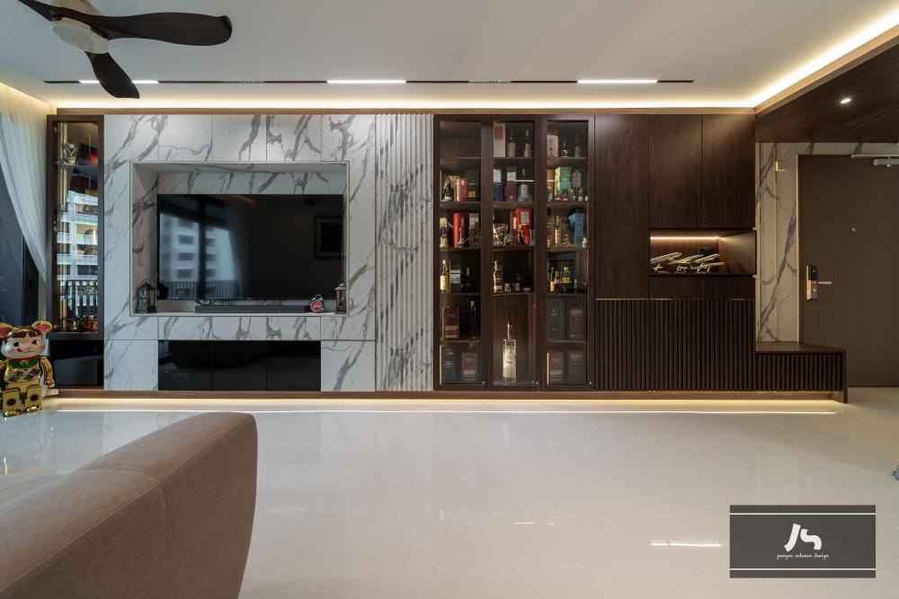 Modern Living Room with Bookshelf and Feature Wall