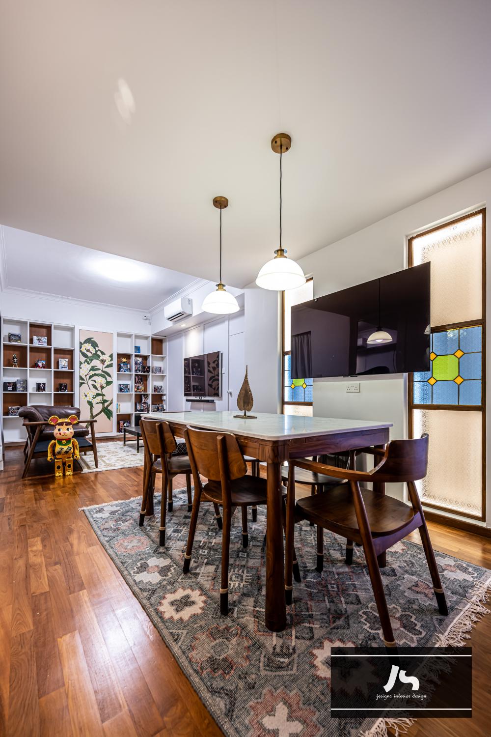 Asian Dining Room with Ceiling Light and Downlights