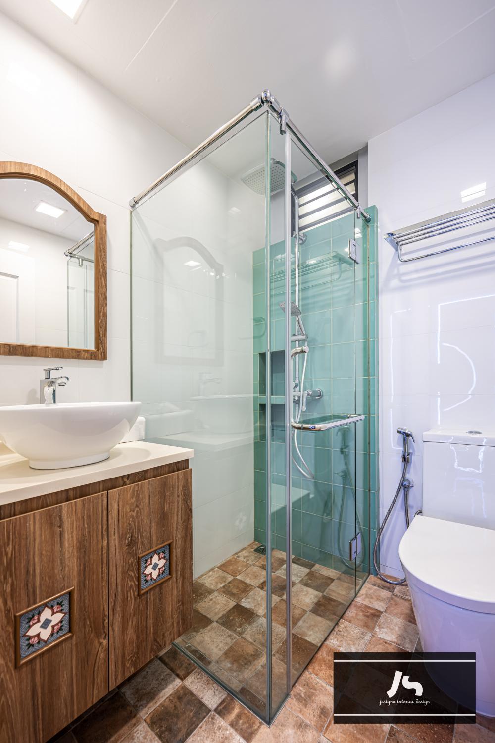 Asian Bathroom with Homogeneous Tiles and Herringbone Tiling