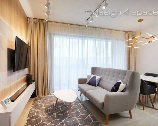 Asian Living Room with Granite Floor and TV Console