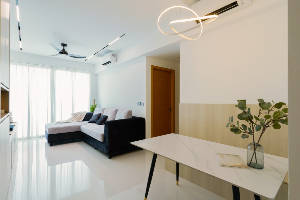 Modern Living Room with Marble Floor and TV Console
