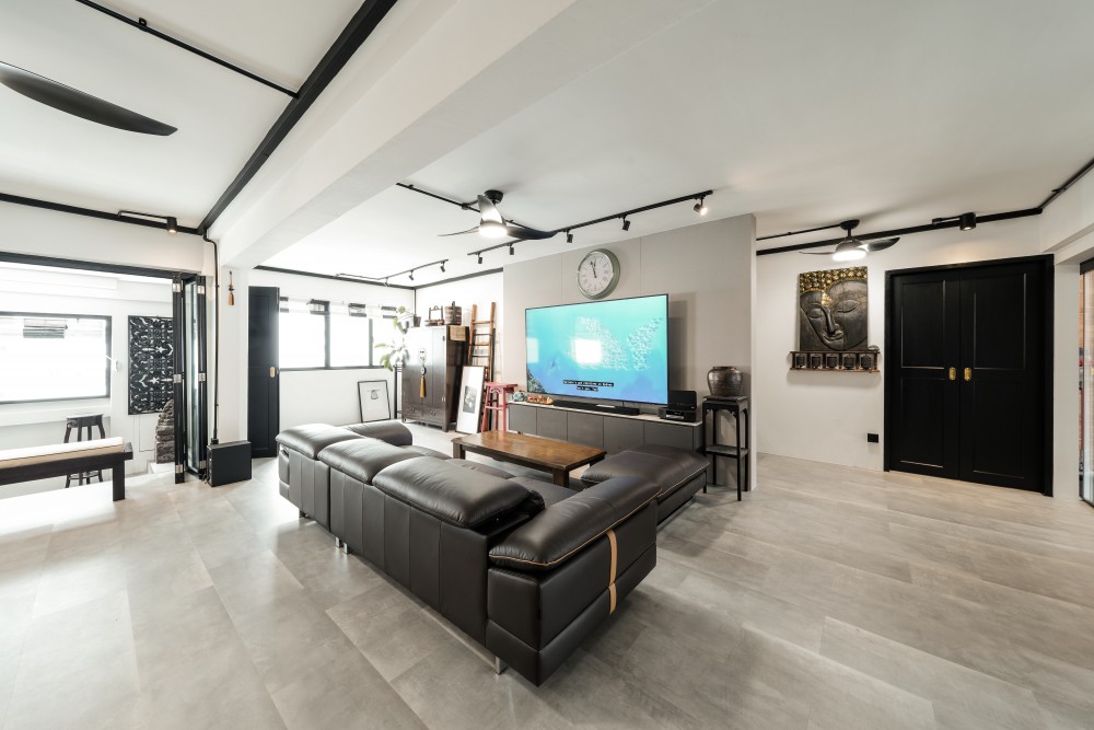 Industrial Living Room with Homogeneous Tiles and TV Console