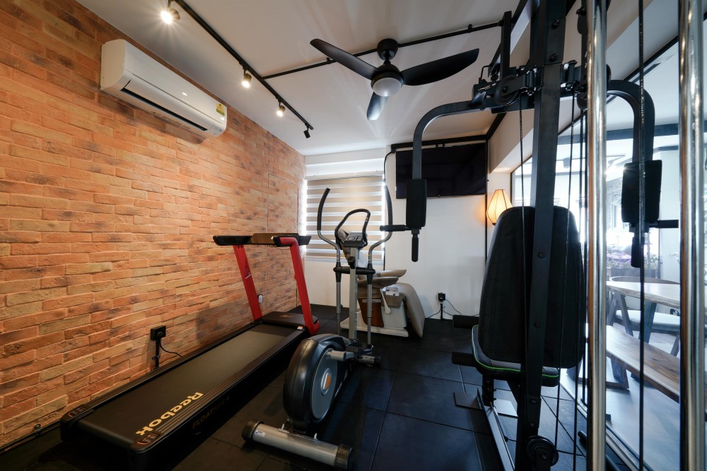 Industrial Home Gym with Seating Bench and Storage Cabinets