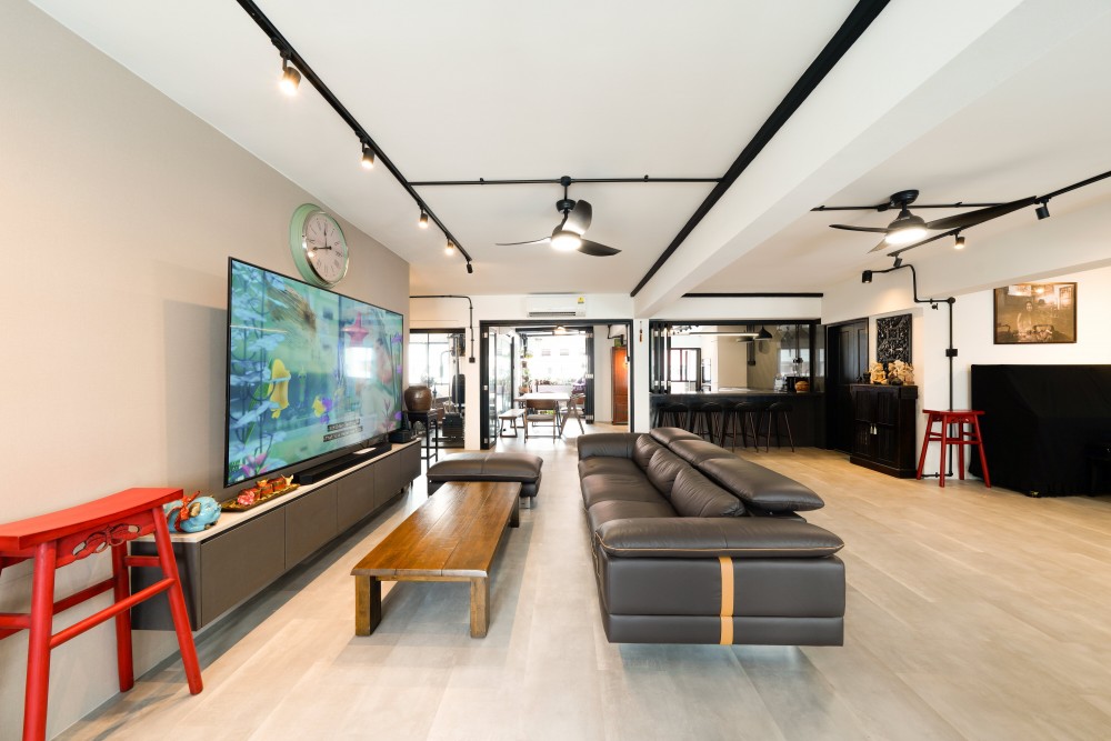 Industrial Living Room with TV Console and Feature Wall