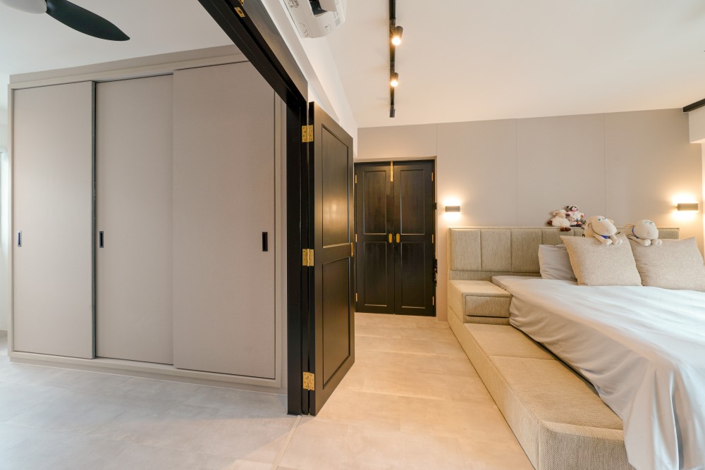 Industrial Bedroom with Homogeneous Tiles and Wardrobe