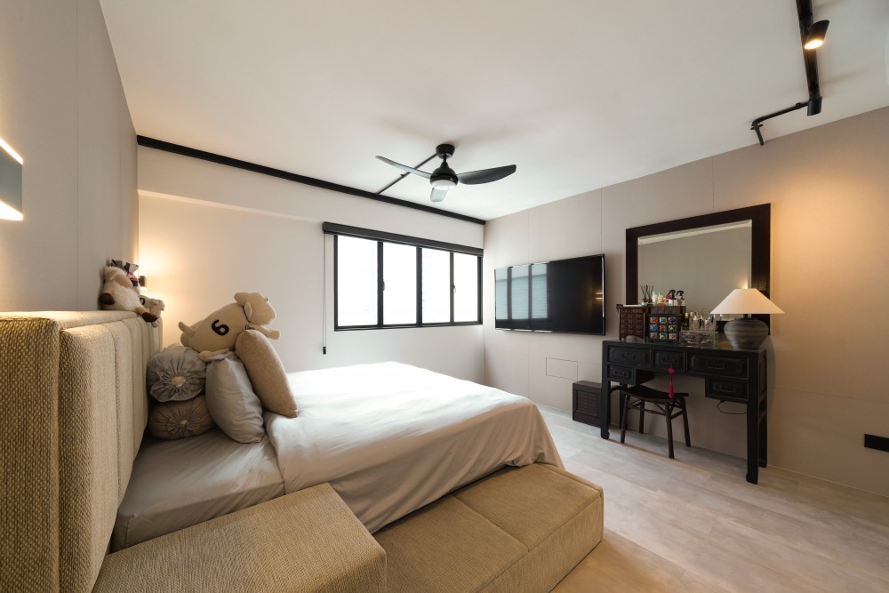 Industrial Bedroom with Homogeneous Tiles and Wardrobe