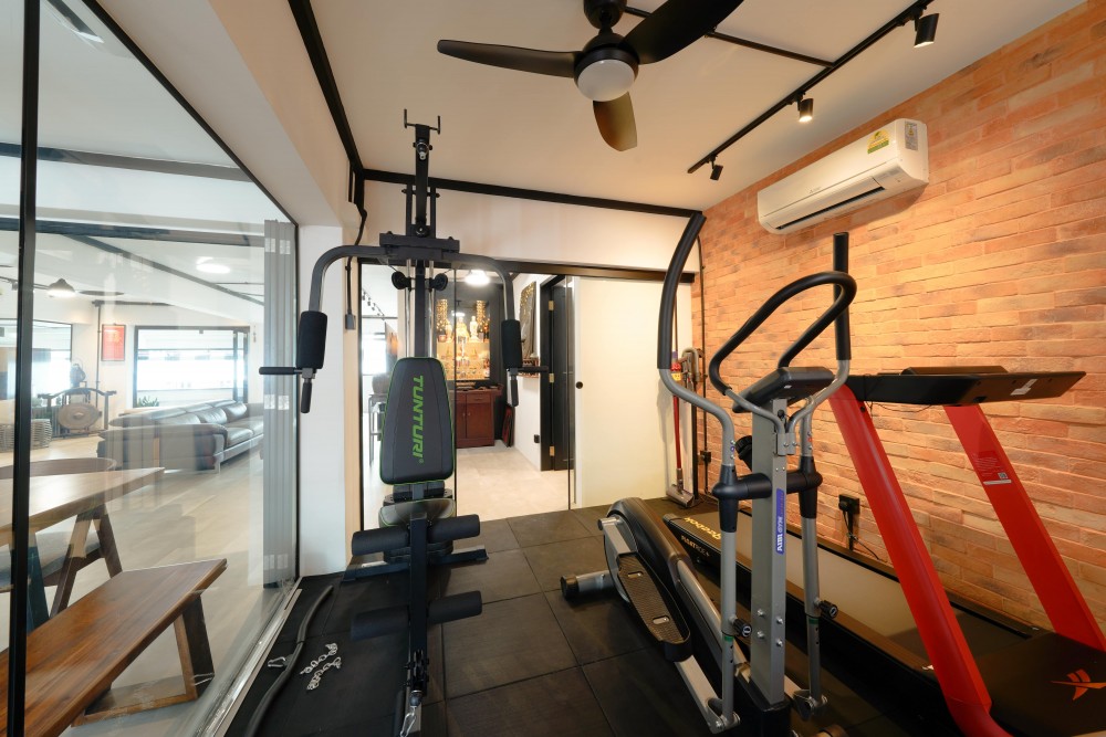 Industrial Home Gym with Feature Wall and Seating Bench