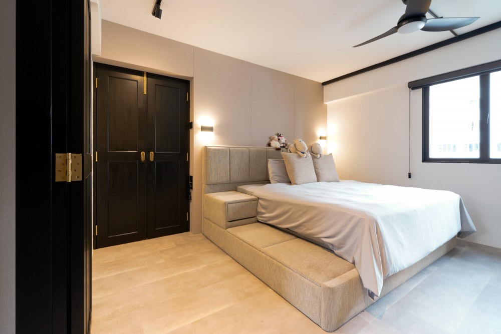 Industrial Bedroom with Homogeneous Tiles and Bedroom Dresser