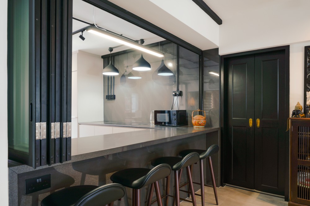 Industrial Kitchen with Kitchen Window and Kitchen Island