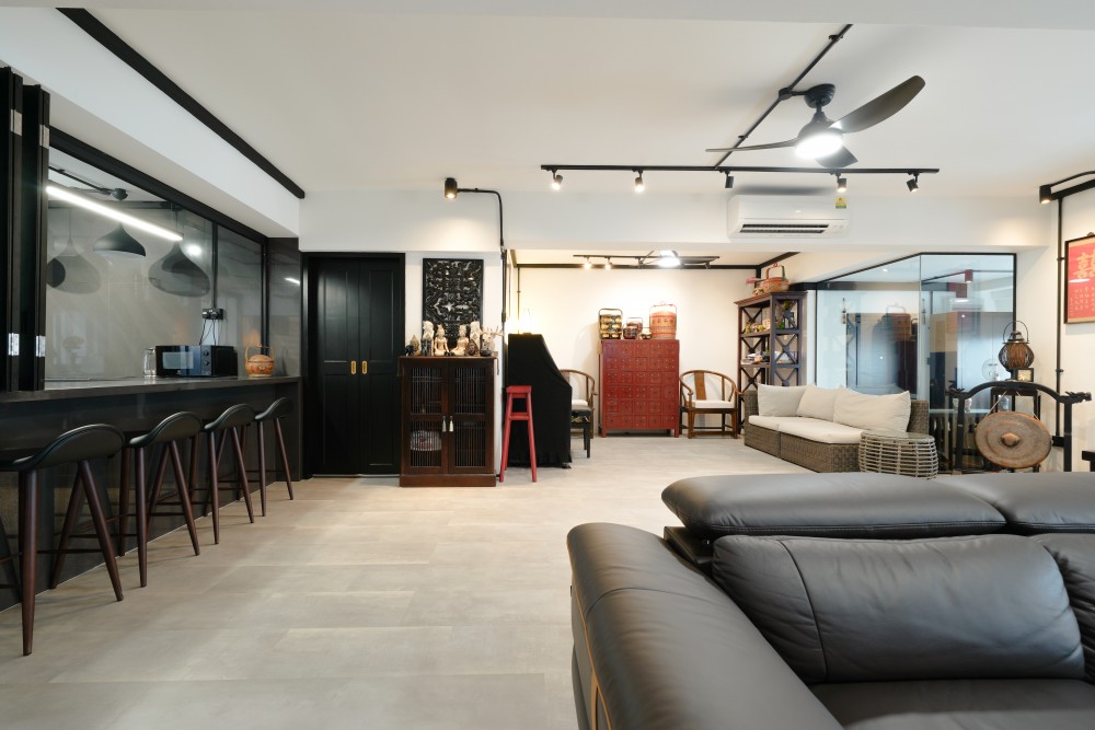 Industrial Living Room with Homogeneous Tiles and TV Console