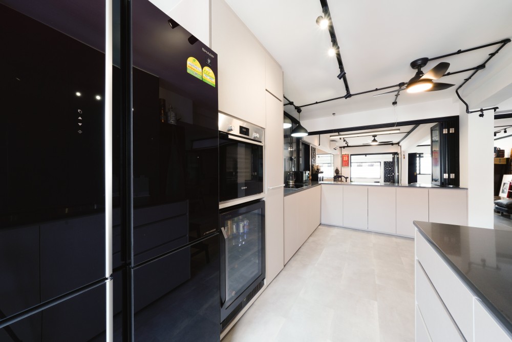 Industrial Kitchen with Kitchen Window and Kitchen Island