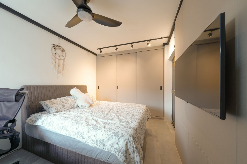 Industrial Bedroom with Homogeneous Tiles and Wardrobe