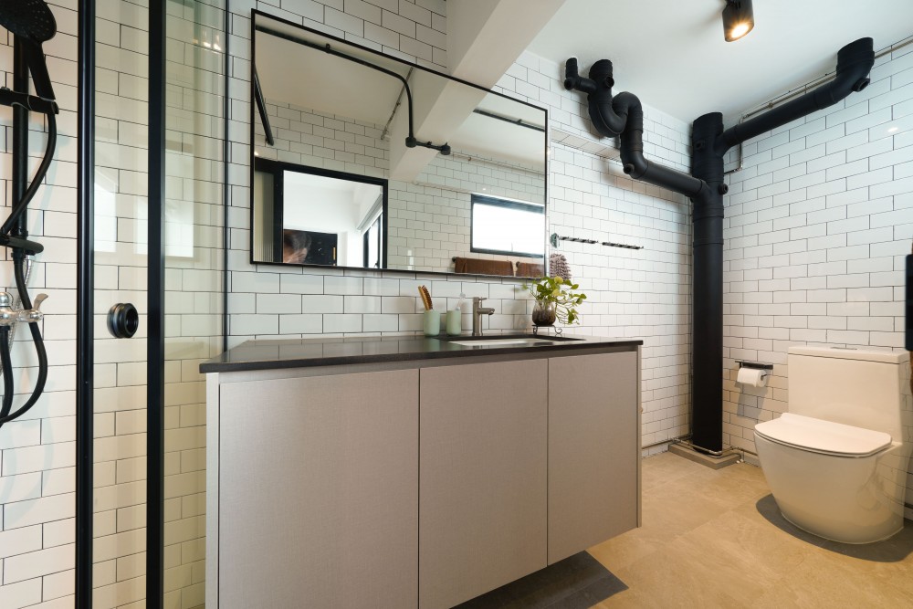 Industrial Bathroom with Countertop and Mirror