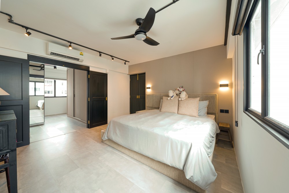 Industrial Bedroom with Homogeneous Tiles and Wardrobe