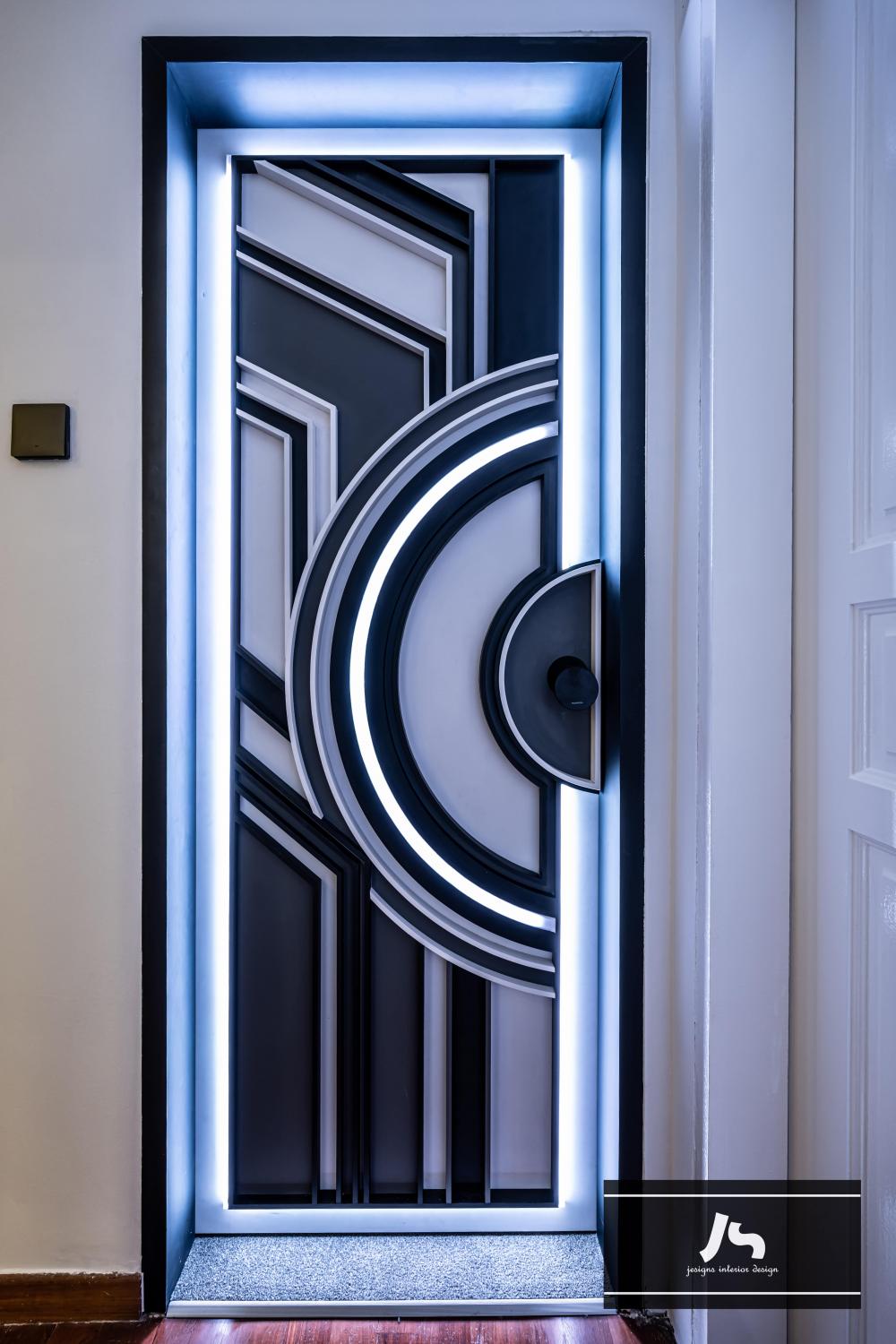 Eclectic Hallway with Ceiling Light and Downlights