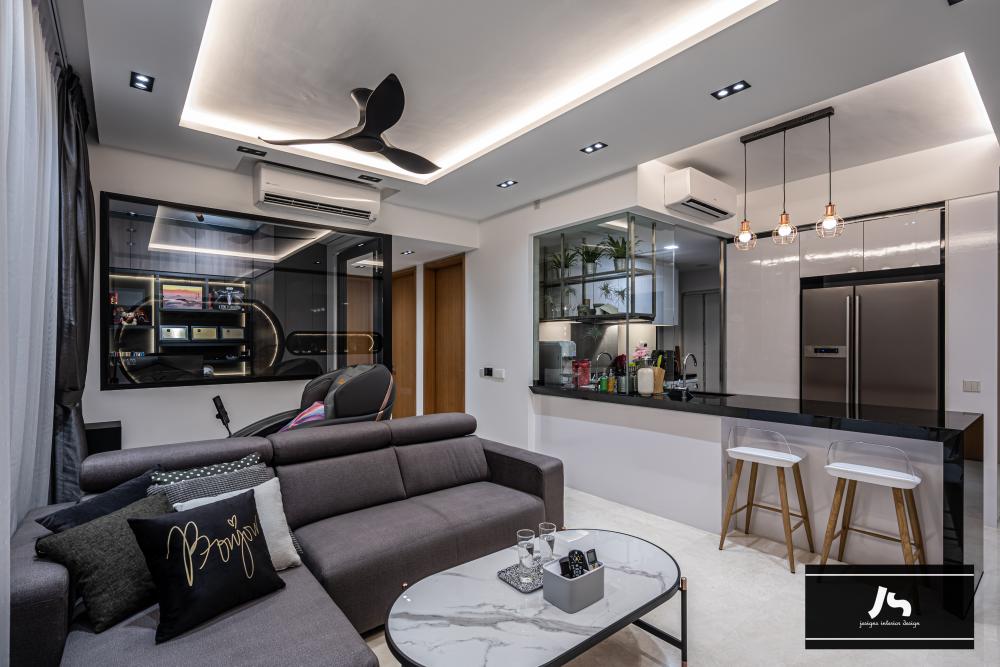 Modern Living Room with Drop Light and Kitchen Island