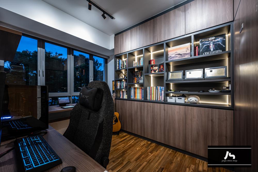 Modern Home Office with Bookshelf and Desk Chairs
