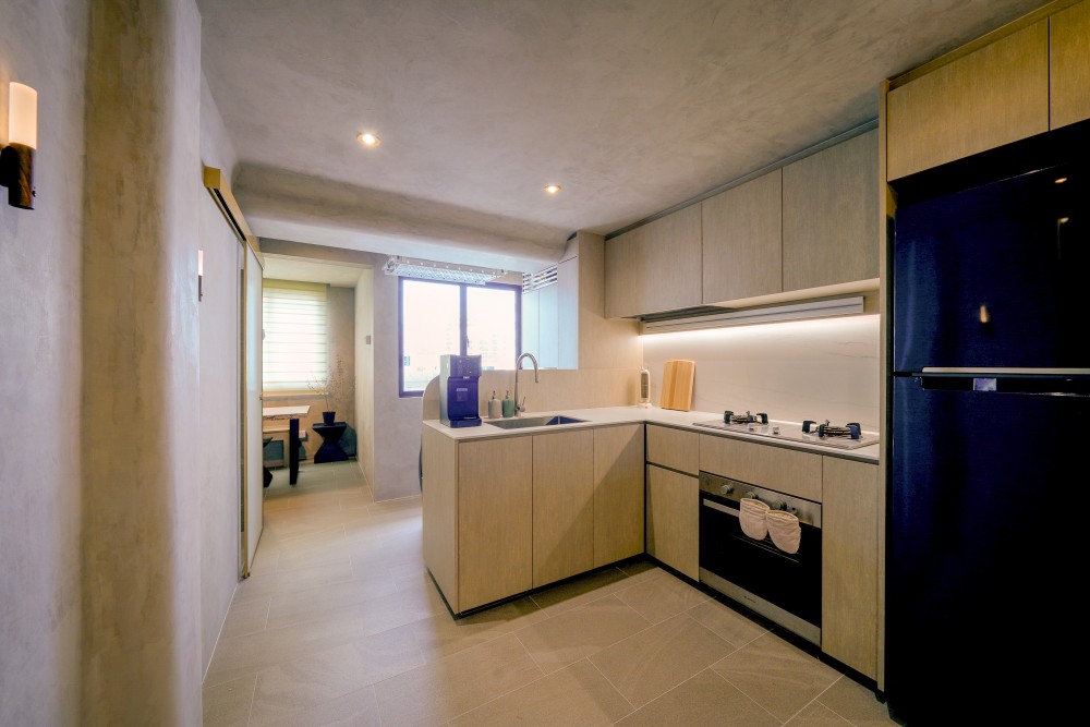 Scandinavian Kitchen with Homogeneous Tiles and Cupboard