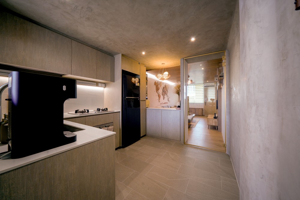 Scandinavian Kitchen with Homogeneous Tiles and Cupboard
