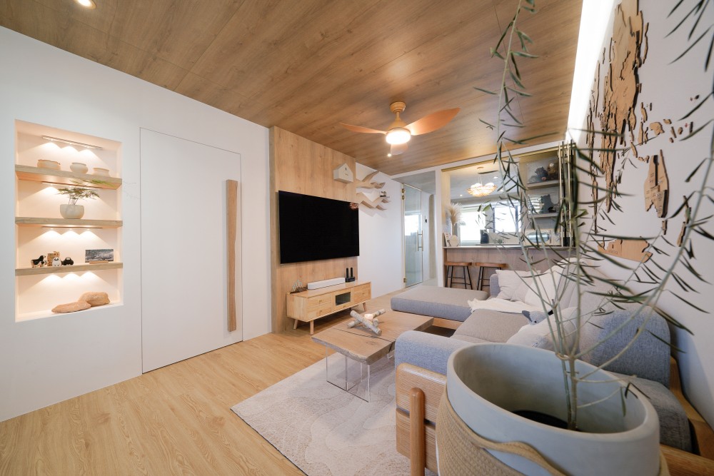 Scandinavian Living Room with TV Console and Feature Wall