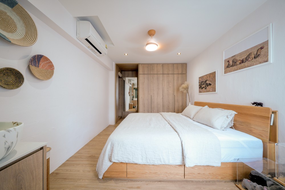Scandinavian Bedroom with Platform Bed and Vinyl Flooring