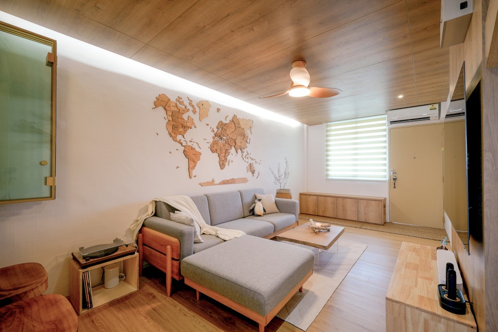 Scandinavian Living Room with TV Console and Feature Wall