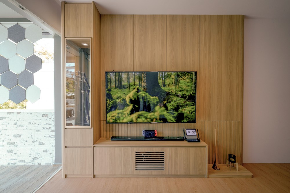 Scandinavian Living Room with Vinyl Flooring and TV Console