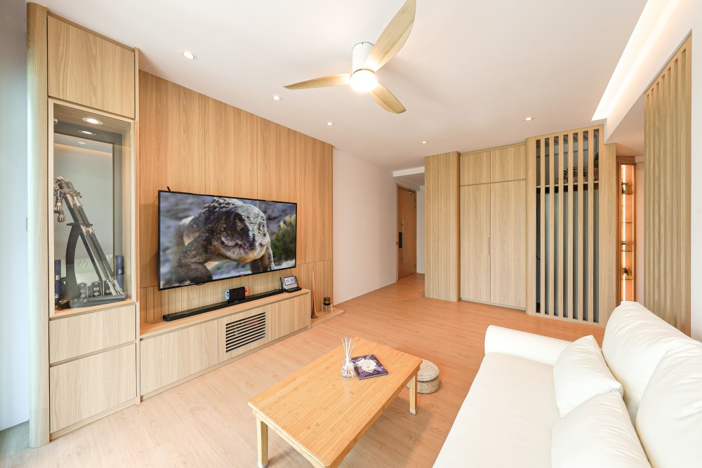 Scandinavian Living Room with Vinyl Flooring and TV Console