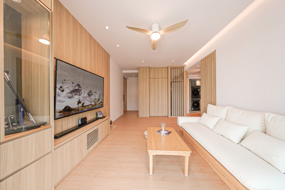 Scandinavian Living Room with TV Console and Feature Wall