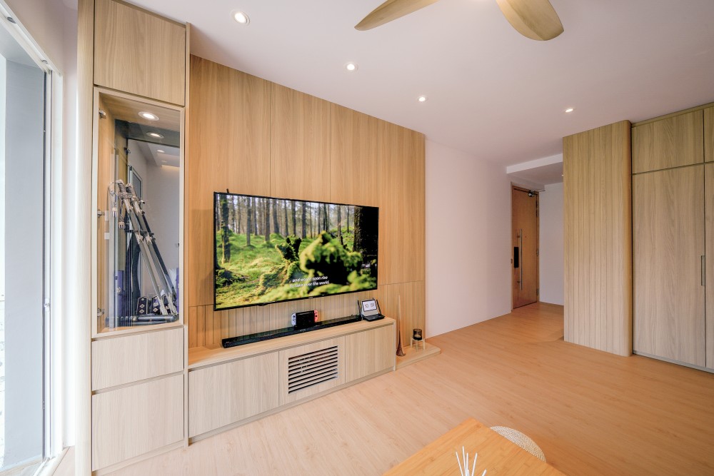 Scandinavian Living Room with Vinyl Flooring and TV Console