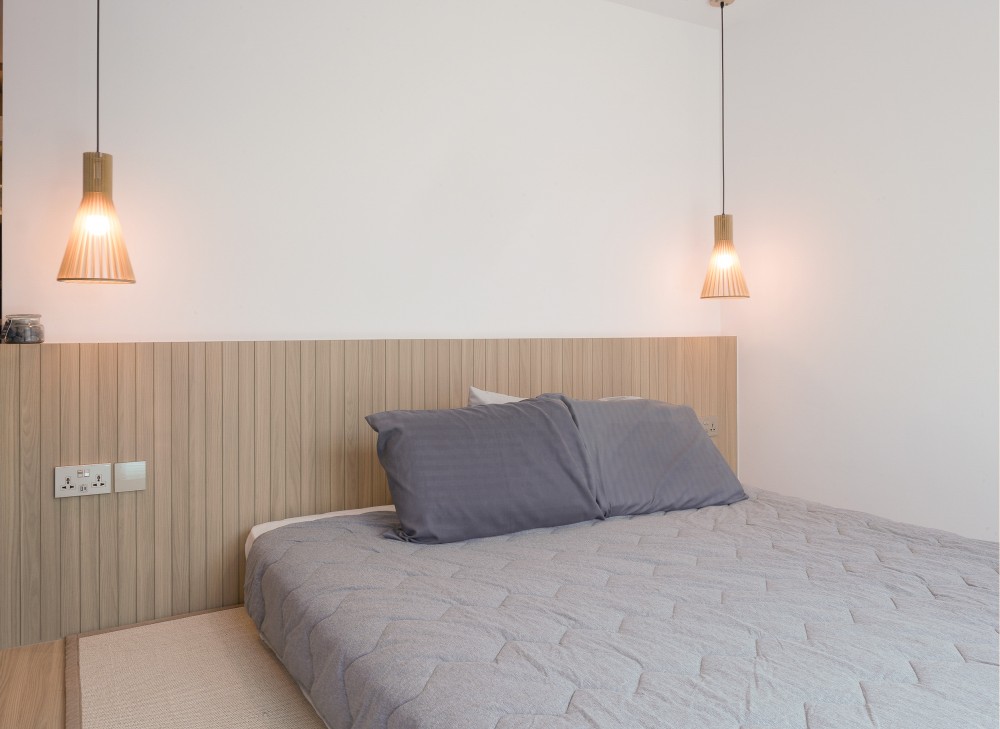 Scandinavian Bedroom with Platform Bed and Vinyl Flooring
