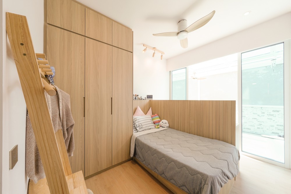 Scandinavian Bedroom with Platform Bed and Vinyl Flooring