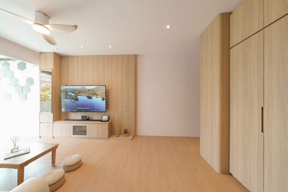 Scandinavian Living Room with TV Console and Feature Wall