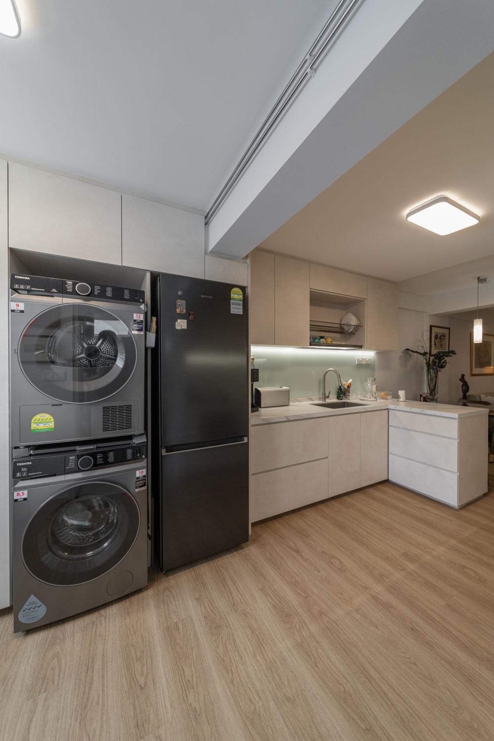 Transitional Balcony with Washing Machine and Open Kitchen