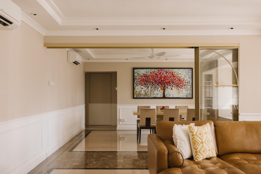 Modern Dining Room with Marble Floor and Sofa