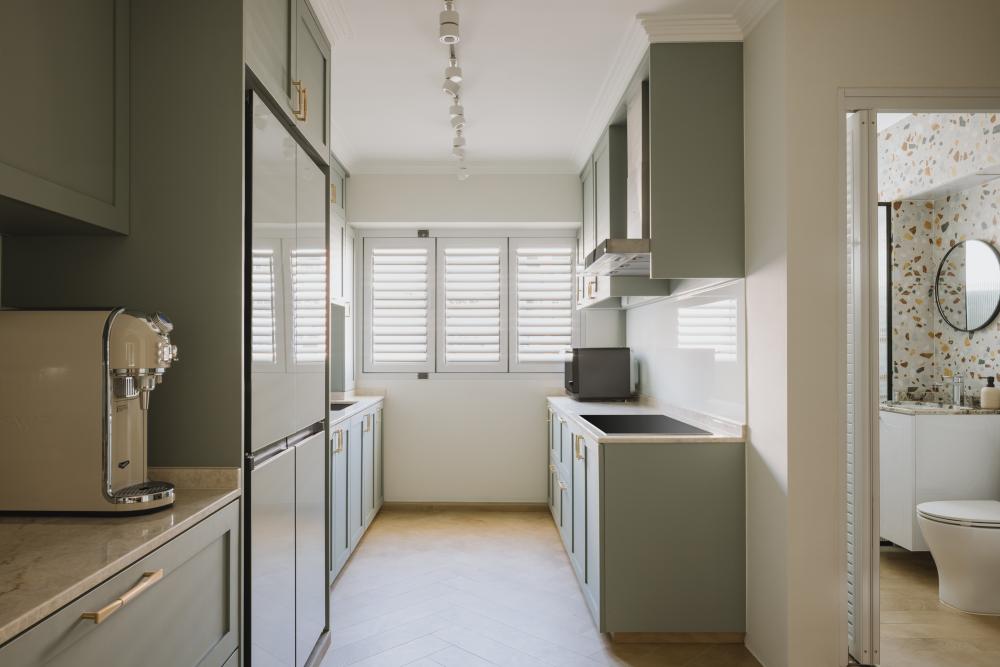 Modern Kitchen with Countertop and Herringbone Tiling