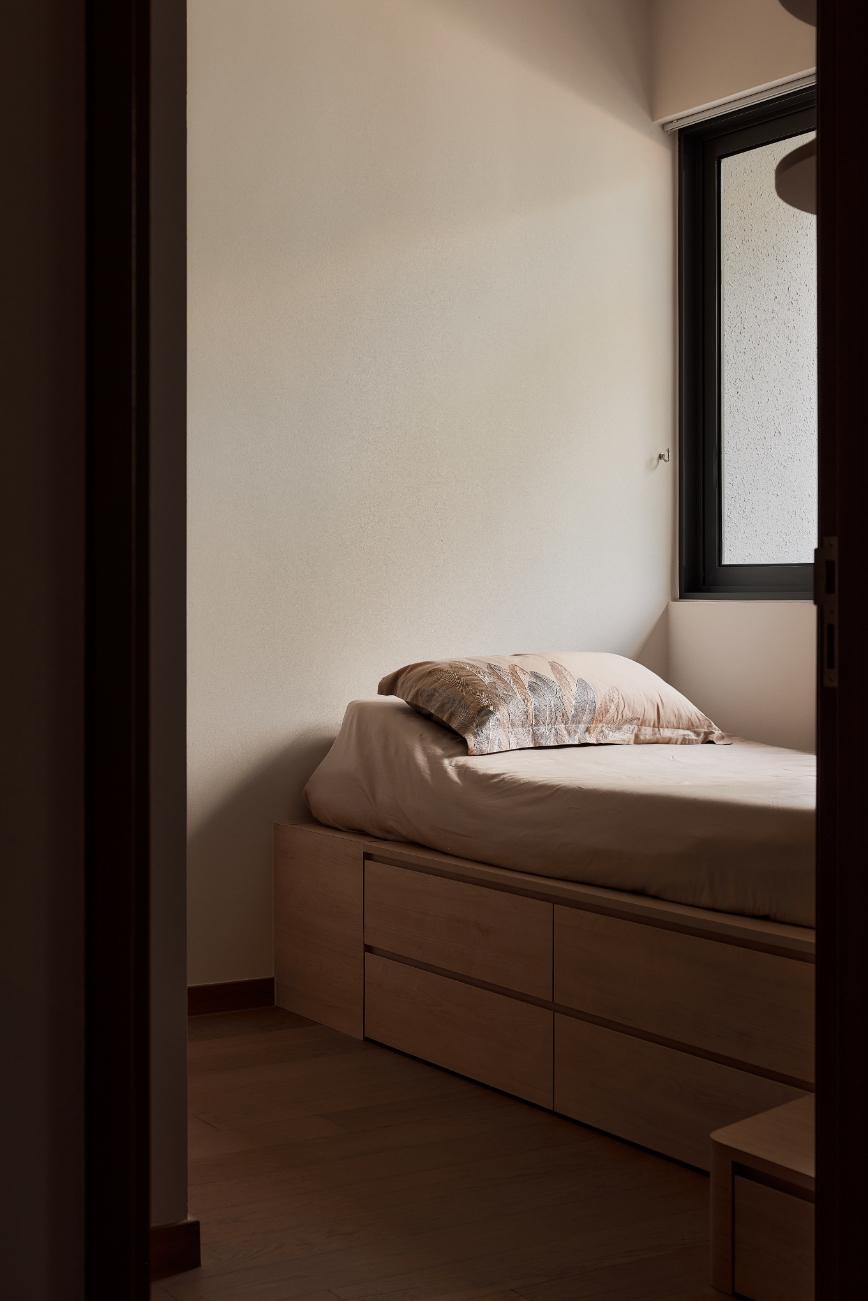 Asian Bedroom with Platform Bed and Wood Flooring