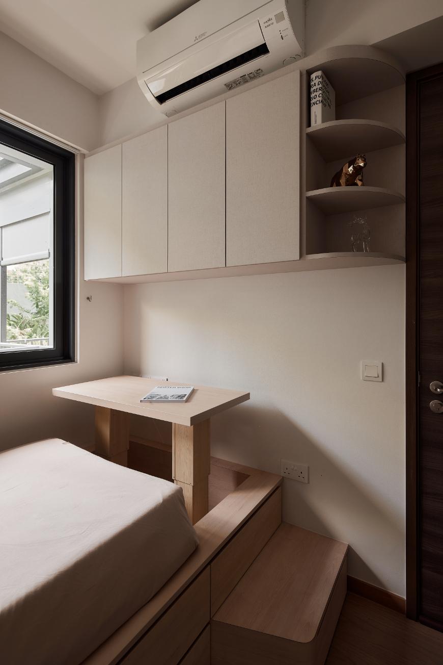 Asian Bedroom with Platform Bed and Wood Flooring