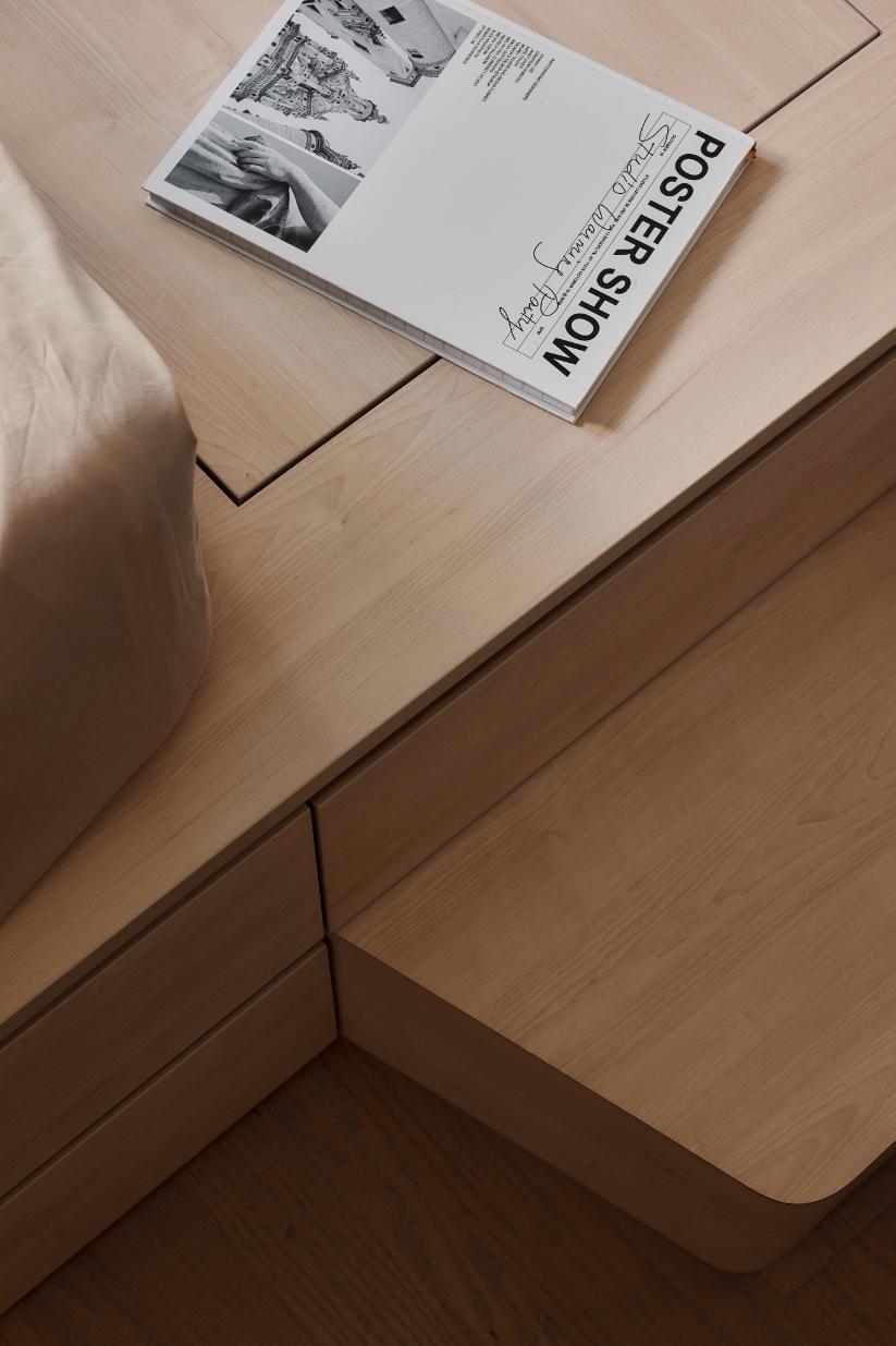 Asian Bedroom with Platform Bed and Wood Flooring