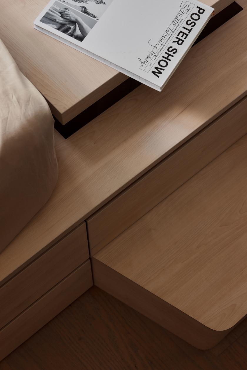 Asian Bedroom with Platform Bed and Wood Flooring