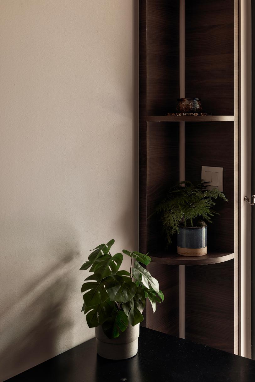 Asian Living Room with Bookshelf and Planters