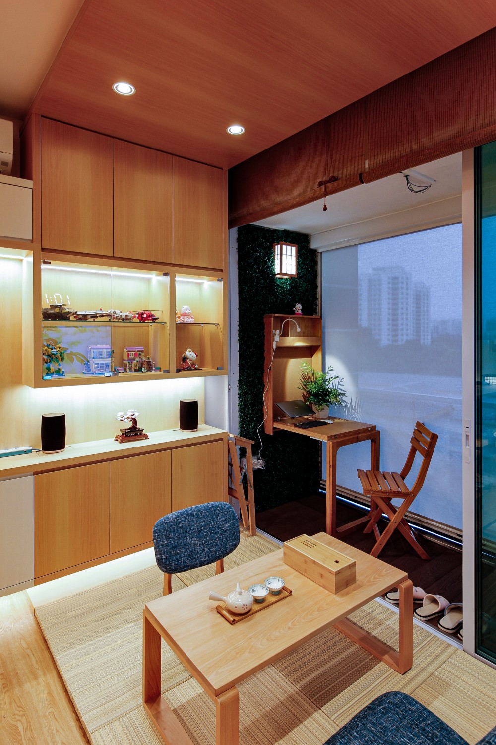 Asian Living Room with Vinyl Flooring and TV Console