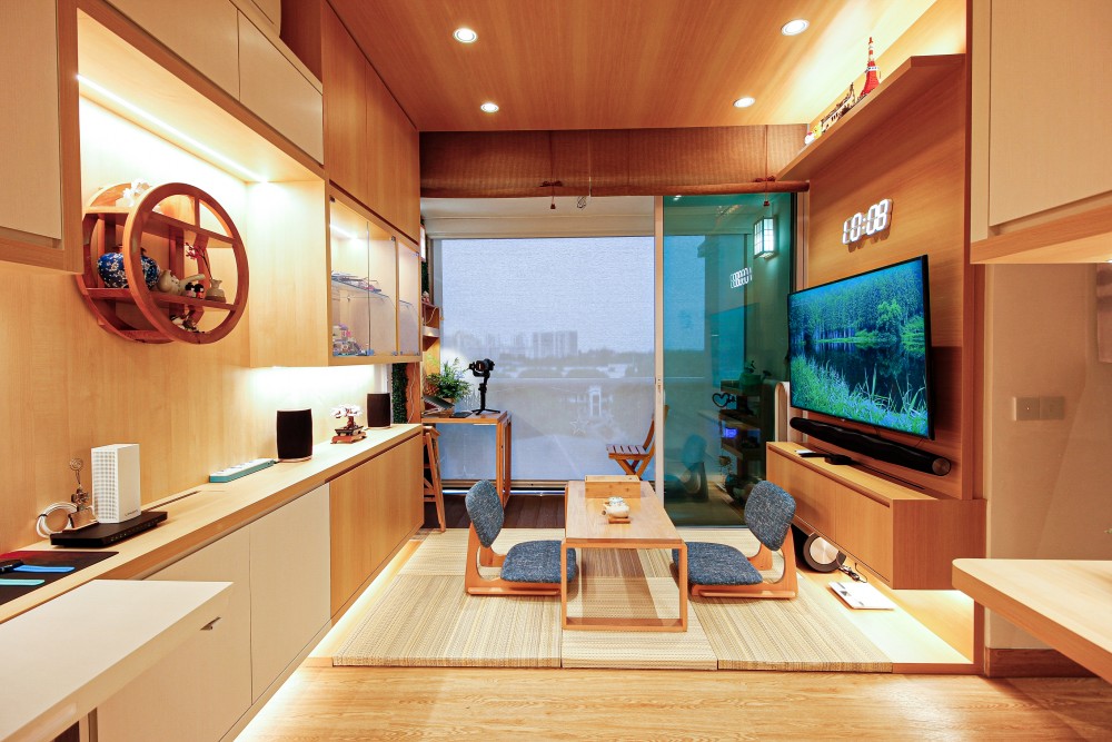 Asian Living Room with TV Console and Feature Wall