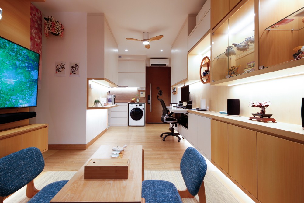 Asian Living Room with Vinyl Flooring and TV Console