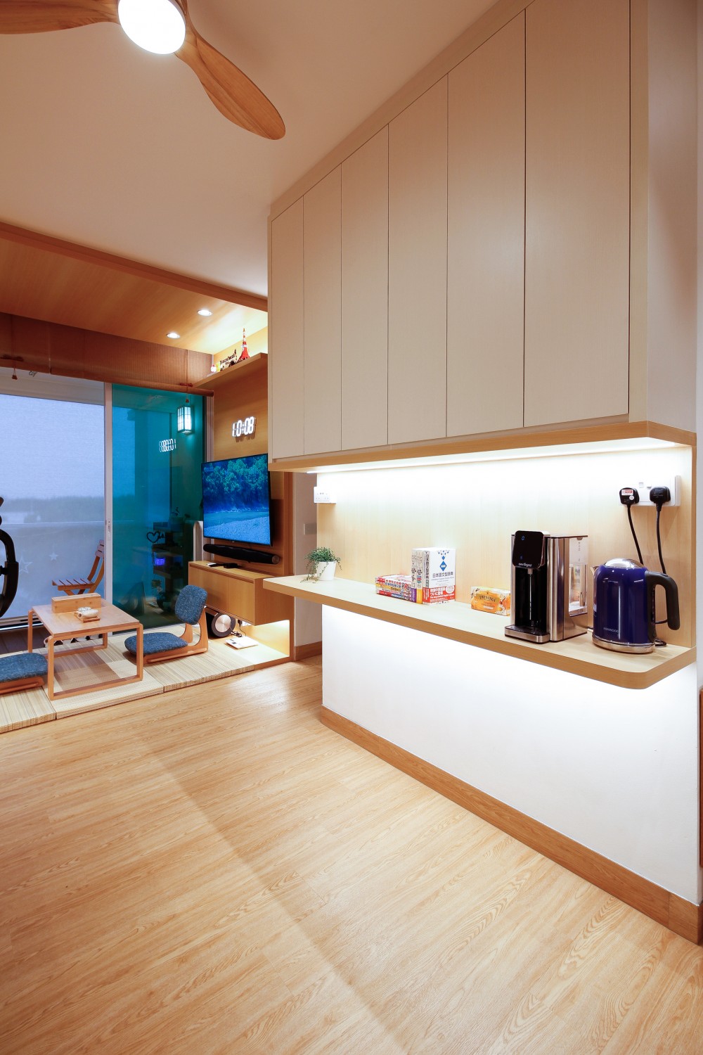 Asian Living Room with TV Console and Feature Wall