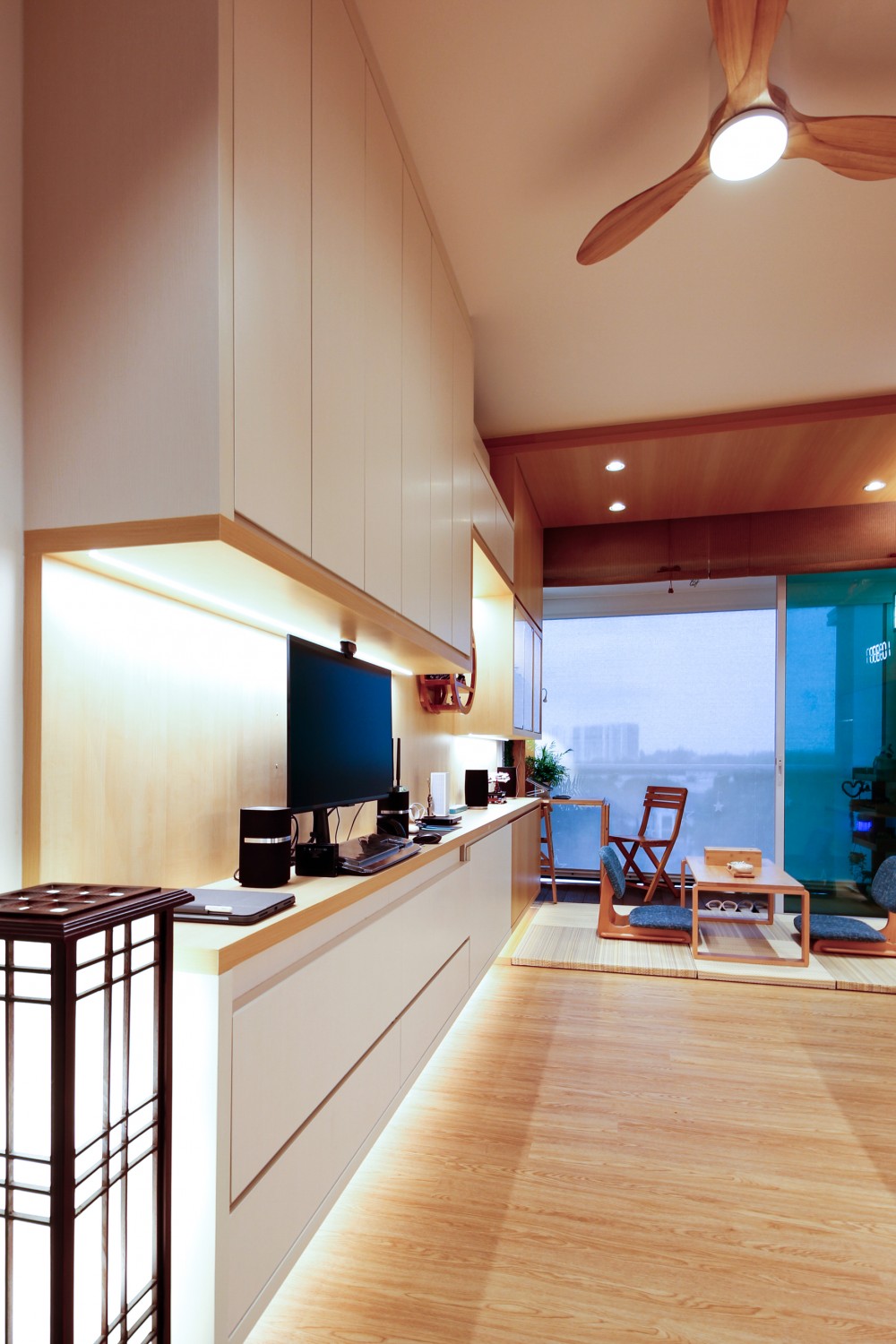 Asian Home Office with Wallpaper and Desk